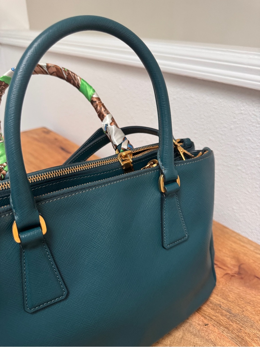 Prada Teal Saffiano Leather Satchel pm with Green Charm and Scarf-Wrapped Handle - Picture 6 of 9